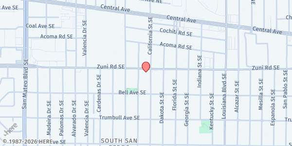 Map showing First Nations Community Health Source at 6416 Zuni SE, Albuquerque, NM