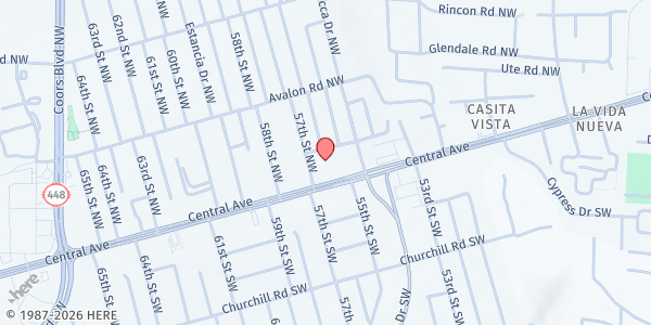 Map showing His Place Ministries at 5505 Central Ave. NW, Albuquerque, NM