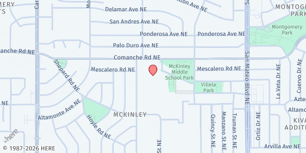 Map showing McKinley Middle School at 4500 Comanche Rd NE, Albuquerque, NM