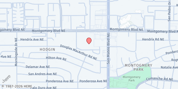 Map showing New Beginnings Church of God at 4770 Montgomery Blvd. NE, Albuquerque, NM