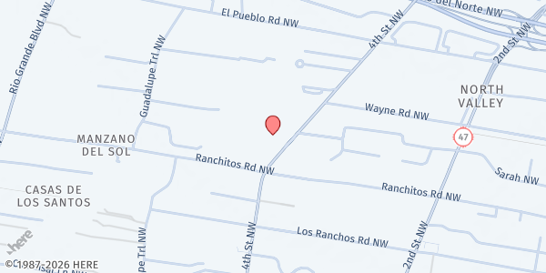 Map showing North Valley Academy at 7939 4th St NW, Albuquerque, NM