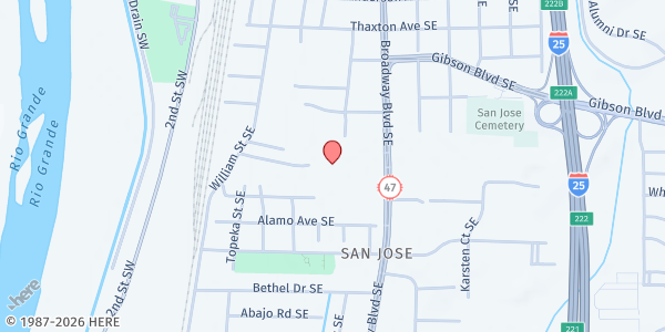Map showing San José Parish at 2401 Broadway Blvd. SE, Albuquerque, NM