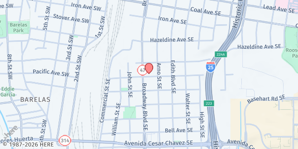 Map showing St. Francis Xavier Catholic Church - Food Pantry at 820 Broadway Blvd. SE, Albuquerque, NM