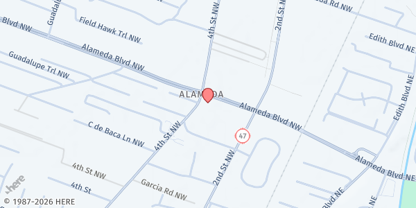 Map showing St Vincent de Paul Conference @ Nativity of the Blessed Virgin Mary at 9502 4th St NW, Albuquerque, NM