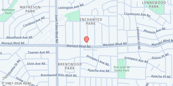 Map showing Tomas Baca Food Pantry - World Mission Society Church Of God at 11619 Menaul Blvd. NE, Albuquerque, NM