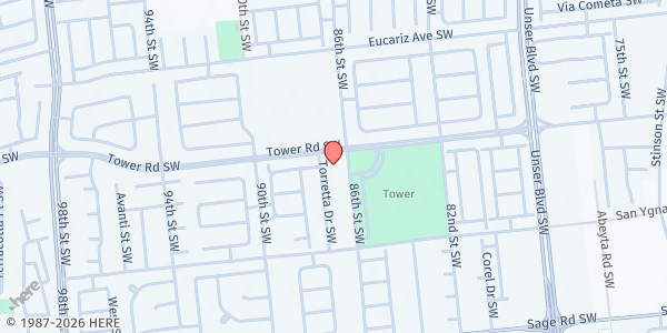 Map showing Tower Pond Park at 601 86th St. SW, Albuquerque, NM