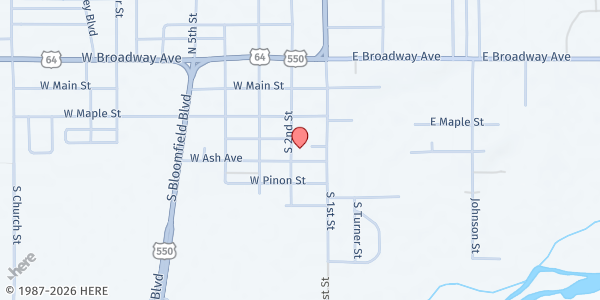 Map showing Bloomfield Senior Center at 124 W Ash Ave., Bloomfield, NM