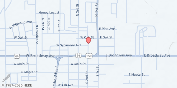 Map showing First Baptist Church Bloomfield at 200 W Sycamore Ave, Bloomfield, NM