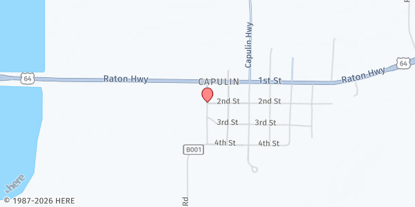 Map showing Des Moines Mobile Food Pantry at 32 1st St. Capulin, Capulin, NM
