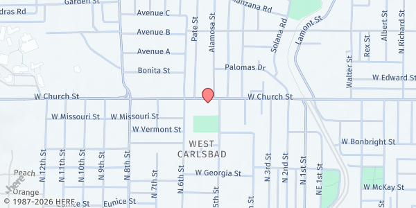Map showing Calvary Assembly of God at 2107 W. Church St., Carlsbad, NM