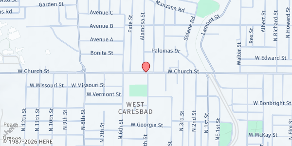 Map showing Calvary Assembly of God at 2107 W. Church Street, Carlsbad, NM