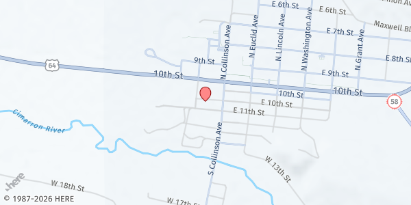 Map showing Cimarron Mobile Food Pantry - Sister Hildegarde Parish Hall at 150 West 11th Street, Cimarron, NM