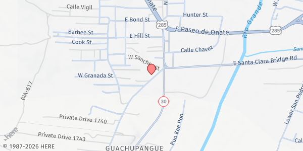 Map showing Espanola Christian Center at 208 Guachpangue Rd, Española, NM