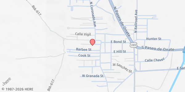 Map showing Las Cumbres Adult Services at 104 N Coronado Ave, Española, NM