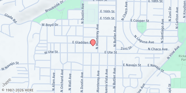 Map showing Calvary Apostolic Church at 405 E Gladden Dr., Farmington, NM