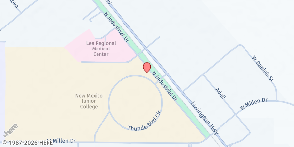Map showing New Mexico Junior College - Thunderbird Pantry at 1 Thunderbird Circle, Hobbs, NM
