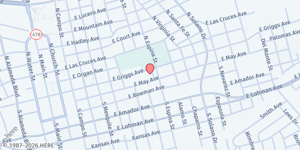 Map showing St. Genevieve's Catholic Church at 100 S Espina St., Las Cruces, NM