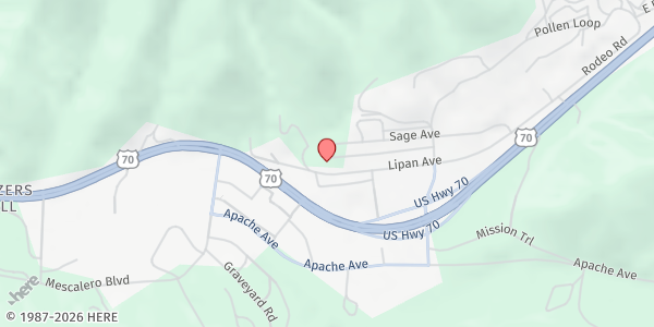 Map showing Mescalero Apache Tribe Distribution Site at 108 Central Avenue, Mescalero, NM