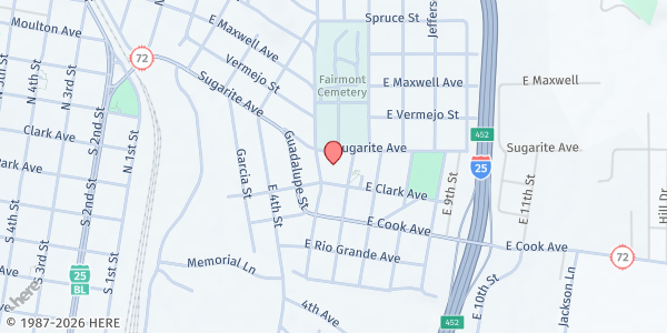 Map showing St Patrick-St Joseph Catholic Church at 104 Buena Vista St, Raton, NM