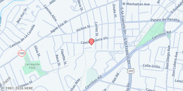 Map showing SFPS Adelante Program Distribution Site at 1300 Camino Sierra Vista, Santa Fe, NM