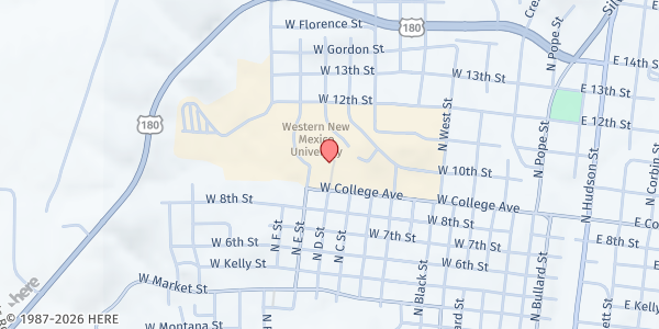 Map showing Western New Mexico University at 1000 W College Ave, Silver City, NM