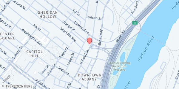 Map showing Clee Memorial Park at 110 North Pearl Street, Albany, NY