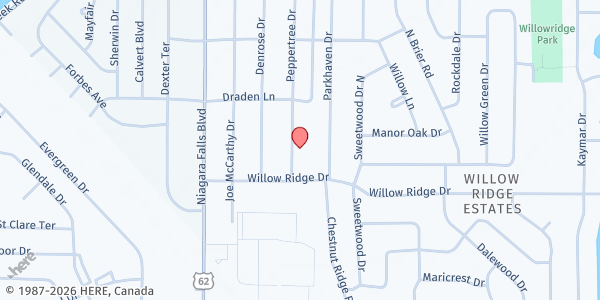 Map showing New Beginnings Food Pantry at 100 WILLOW RIDGE DRIVE, AMHERST, NY