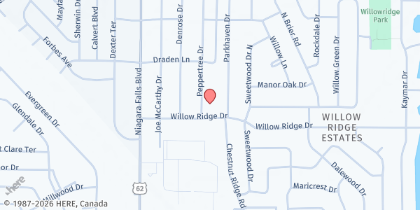Map showing New Beginnings Food Pantry - Food Distribution Center at 100 WILLOW RIDGE DRIVE, AMHERST, NY