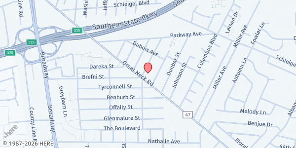 Map showing Hollywood Baptist Church at 2 Monroe Street, Amityville, NY
