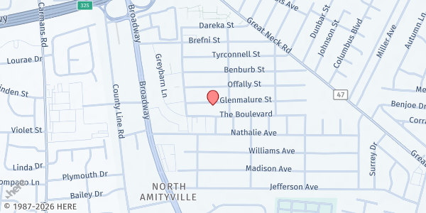 Map showing Mt. Nebo Missionary Baptist Church at 46 Glenmalure Street, Amityville, NY