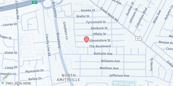 Map showing Mt. Nebo Missionary Baptist Church Food Pantry at 46 Glenmalure Street, Amityville, NY