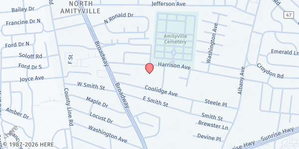 Map showing New Hope Institutional Baptist Church at 30 Harrison Ave, Amityville, NY