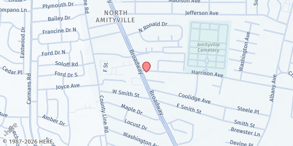 Map showing The Redeemed Christian Church of God at 589 Broadway, Amityville, NY