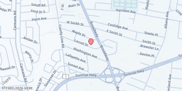 Map showing Women of Essence International Ministries at 29 Locust Dr., Amityville, NY