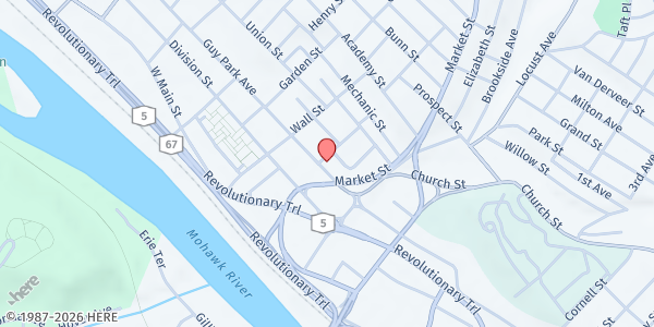 Map showing CATH CHARITIES MONTGOMERY CO PANTRY at 1 Kimball St, Amsterdam, NY