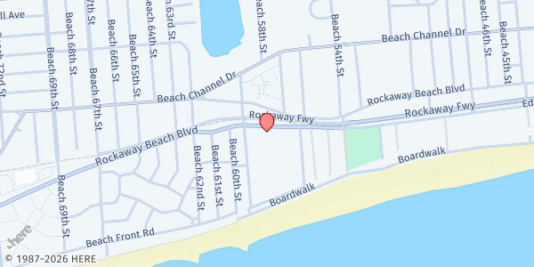 Map showing Arverne View Community Food Distribution Center at 57-17 Rockaway Beach Boulevard, Arverne, NY