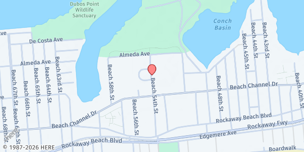 Map showing Ocean Bay Food Pantry at 411 Beach 54th Street, Arverne, NY