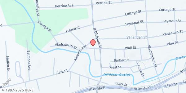 Map showing First Love Ministries Food Pantry at 151 Wall Street, Auburn, NY