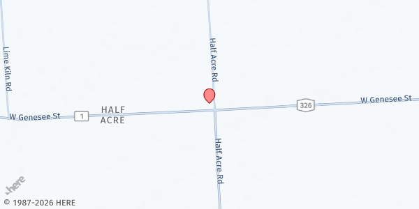 Map showing Morgan's Half Acre Produce Farm Stand at 6169 Half Acre Road, Auburn, NY