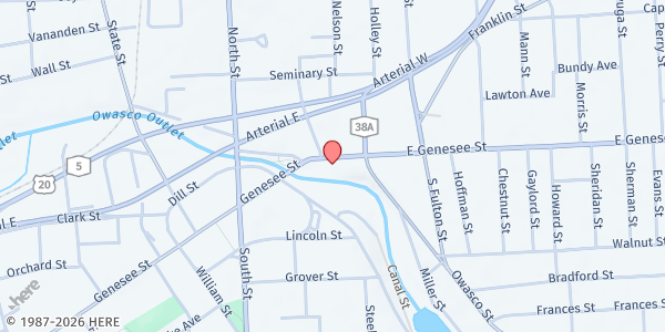 Map showing The Salvation Army of Auburn at 18 E. Genesee Street, Auburn, NY