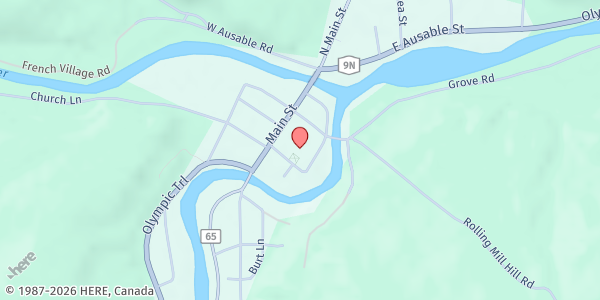 Map showing AuSable Forks Food Pantry at 11 School Lane, AuSable Forks, NY