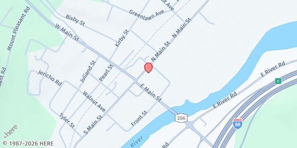 Map showing Bainbridge Council of Churches Food Pantry at 27 North Main St., Bainbridge, NY