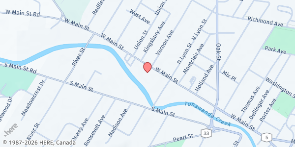 Map showing Care-A-Van Ministries Free Community Cookout at 319 West Main St., Batavia, NY