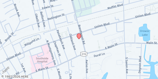 Map showing Bay Shore Emergency Food Program at 28 Brentwood Road, Bay Shore, NY