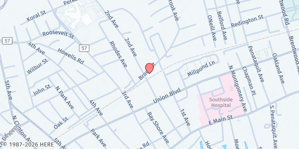 Map showing Bethel A.M.E. Church at 54 Brook Street, Bay Shore, NY