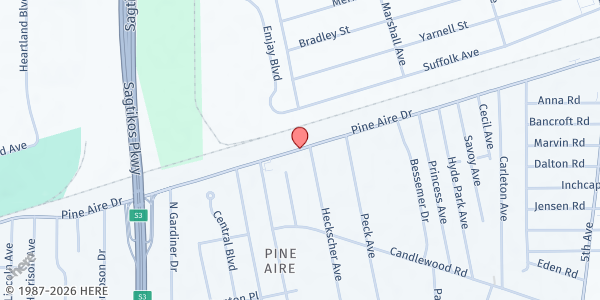 Map showing River of Life Food Pantry at 128 Pine Aire Dr., Bay Shore, NY
