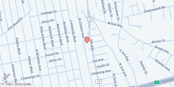 Map showing Suburban Housing Development Food Pantry at 1360 5th Ave, Bay Shore, NY