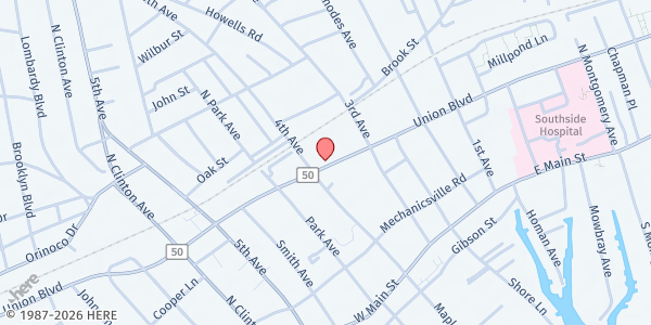 Map showing United Veterans Beacon House at 1715 Union Blvd, Bay Shore, NY