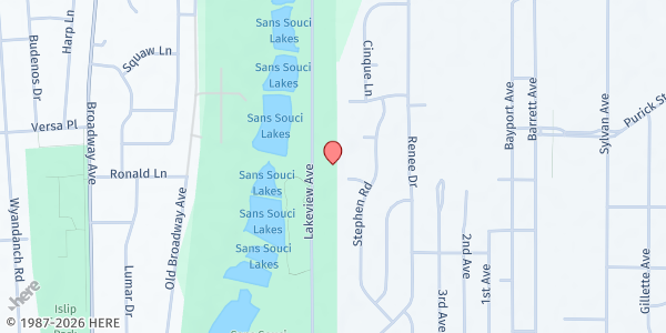 Map showing Suffolk County Girl Scouts at 1500 Lakeview Ave., Bayport, NY