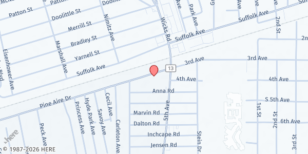 Map showing Family Service League Pine Aire Shelter at 16 Pine Aire Dr, Bayshore, NY